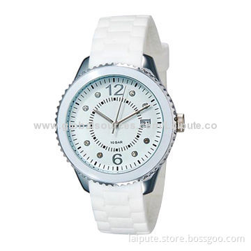 2014 Latest Design Unisex Analog Quartz Watch with Calendar, Silicone Strap Water-resistant, White